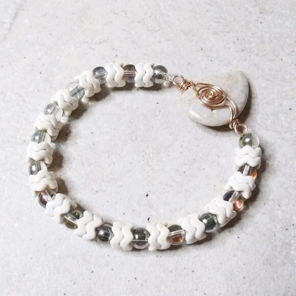 Wintery Coral Fossil Bracelet w. Howlite & Glass Beads | Handmade Holiday Gift - Picture 7 of 10